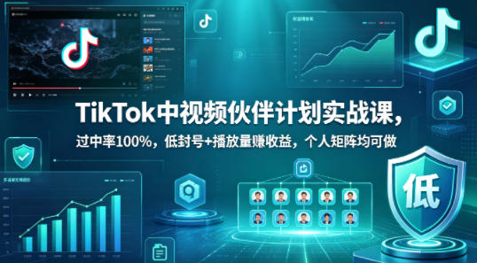 TikTok中视频伙伴计划实战课，过中率100%，低封号+播放量賺收益，个人矩阵均可做-深海鱼